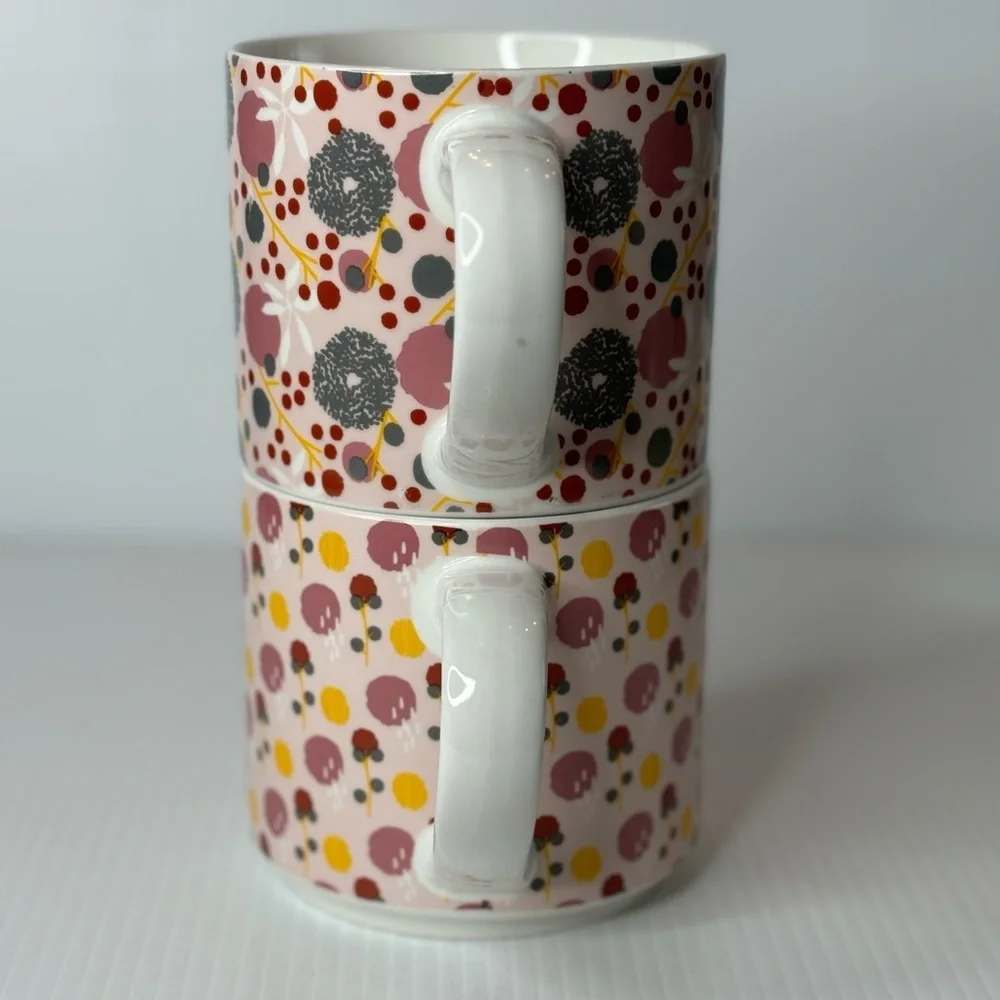 Set Of 2 Coco & Lola Large Coffee Mugs Pink Floral And  Polka Dot Ceramic Set